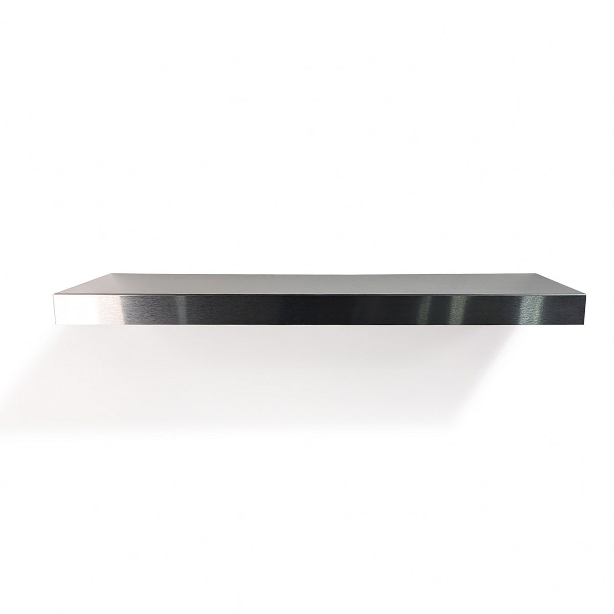 Frontal view of a made-to-measure floating stainless steel shelf by Fig & Forge, showing the seamless architectural design for a modern durable wall display