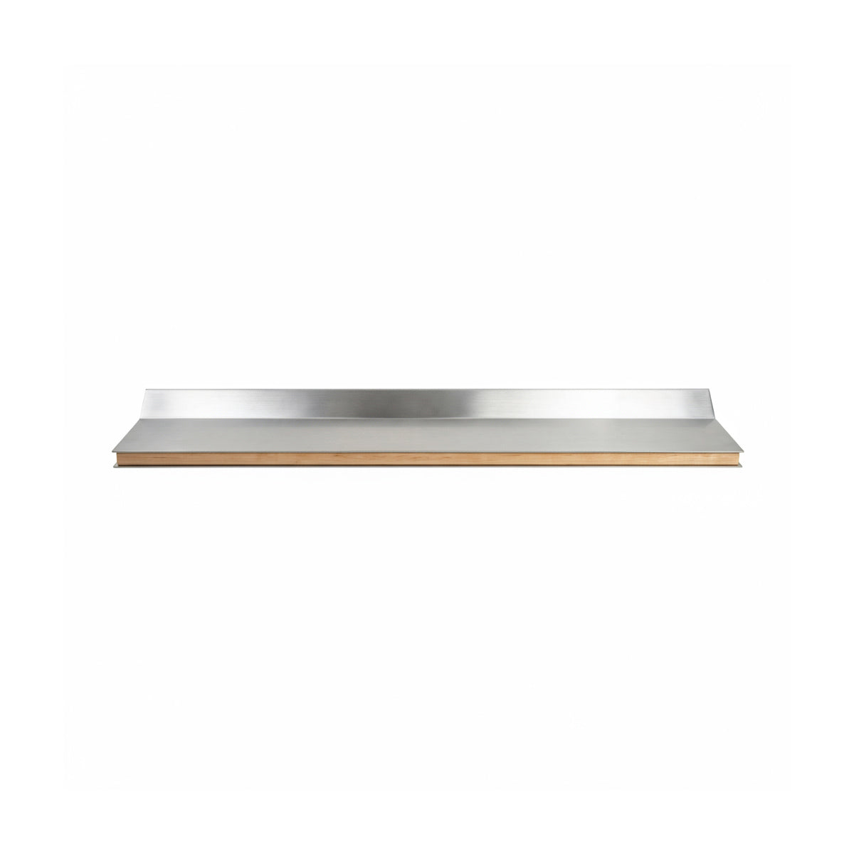 Front view of an ultra-slim stainless steel wall shelf with a natural wood inlay by Fig & Forge, showing the sleek profile of the custom-fit design