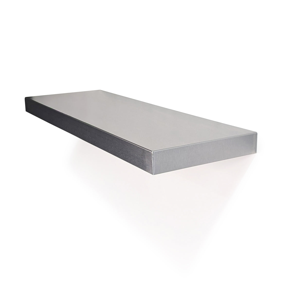 Perspective top view of a custom-length stainless steel floating shelf by Fig & Forge, showing the seamless brushed metal finish and thick-profile for strong design