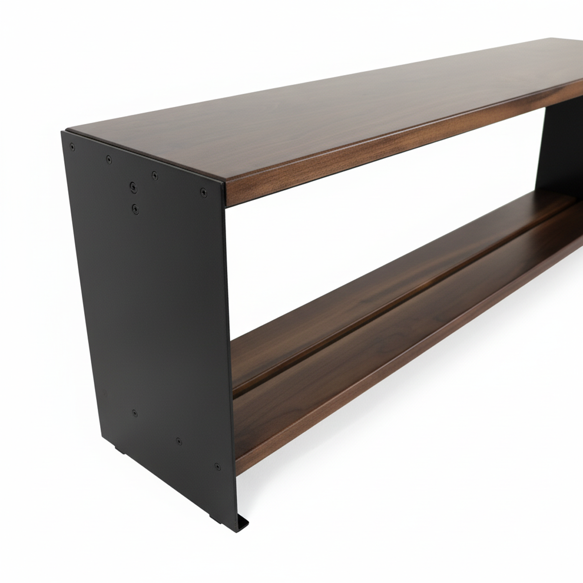 Bespoke entryway bench by Fig & Forge with a premium American Walnut top and built-in lower shoe storage shelf for home organization