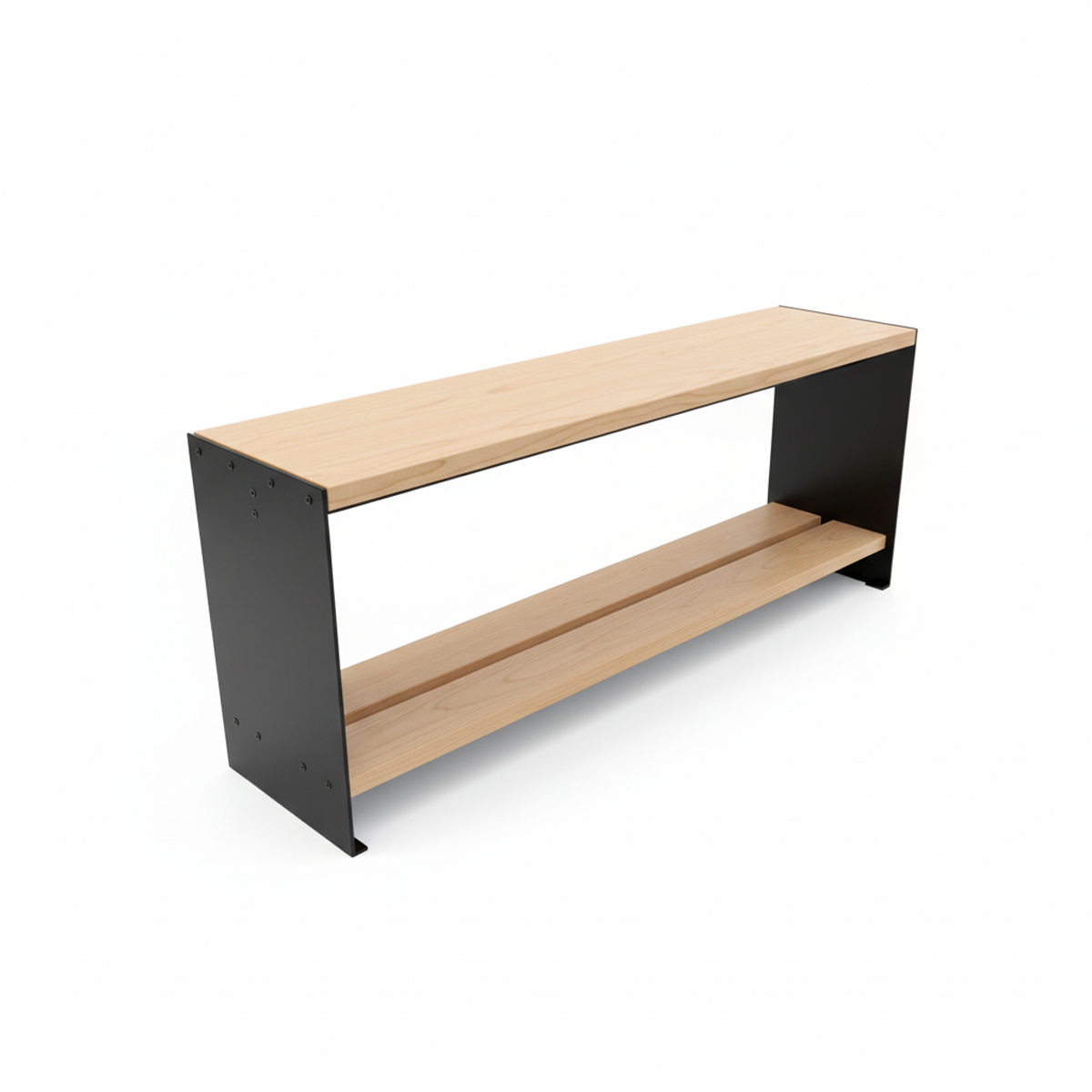 Custom handcrafted mudroom bench by Fig & Forge featuring a solid Maple and integrated shoe shelf on a black carbon steel frame