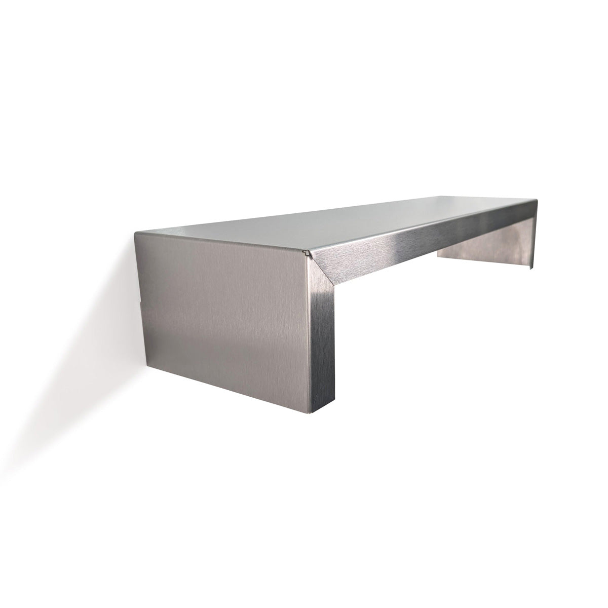 Top-angle view of a bespoke SmartSpan brushed metal wall shelf by Fig & Forge, highlighting the precision-engineered edges and durable custom-fit design