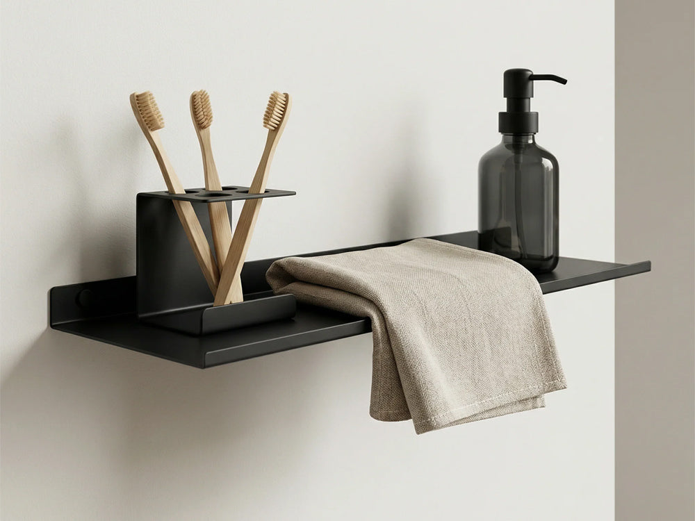 floating shelf by Fig & Forge installed in a modern bathroom featuring an integrated towel and toothbrush holder for minimalist organization