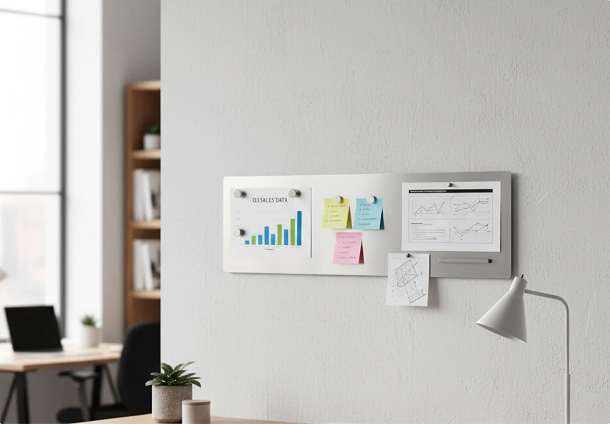 Custom-length floating magnetic stainless steel board by Fig & Forge mounted above a minimalist home office desk for organized task management