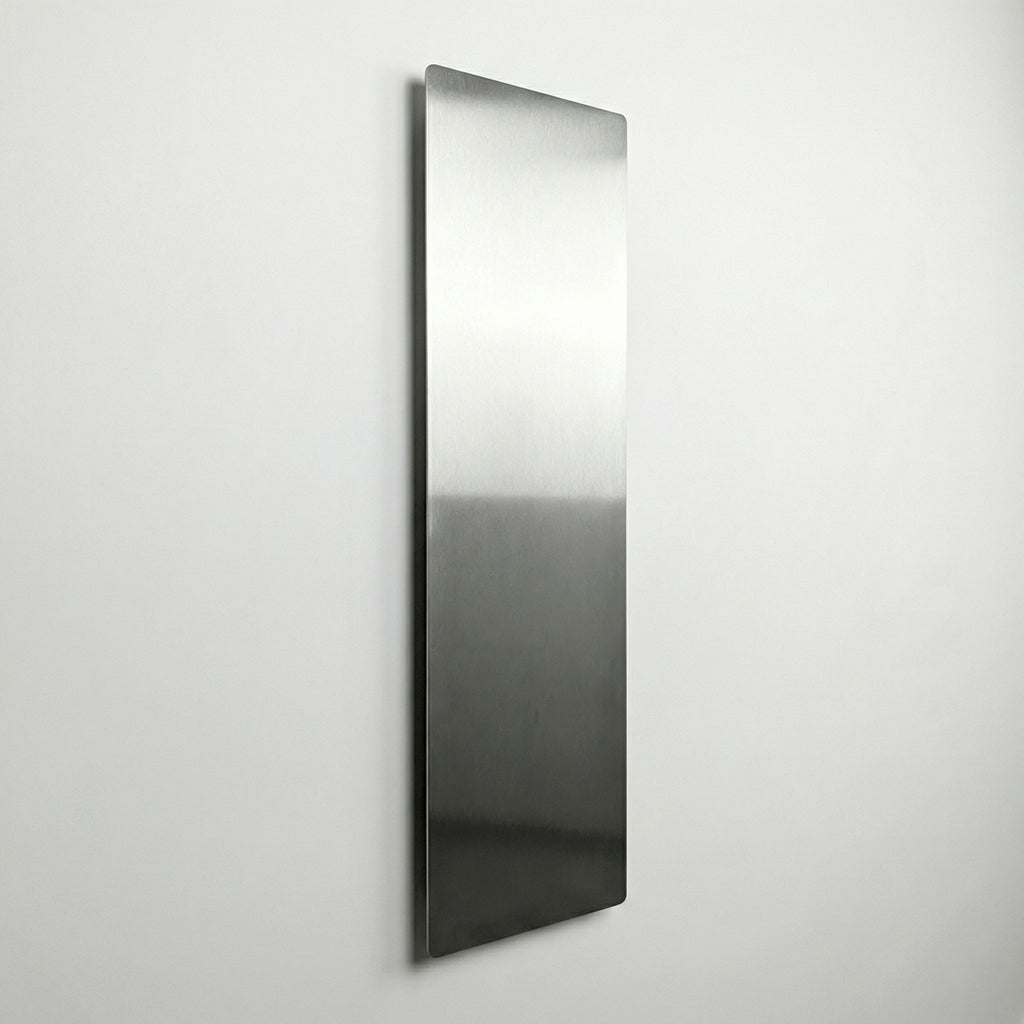Vertical profile of a custom-sized stainless steel magnetic board by Fig & Forge, featuring a floating wall mount and a high-end brushed metal finish