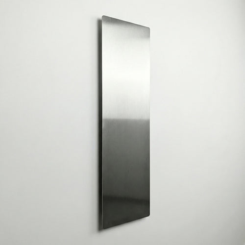 Vertical profile of a custom-sized stainless steel magnetic board by Fig & Forge, featuring a floating wall mount and a high-end brushed metal finish