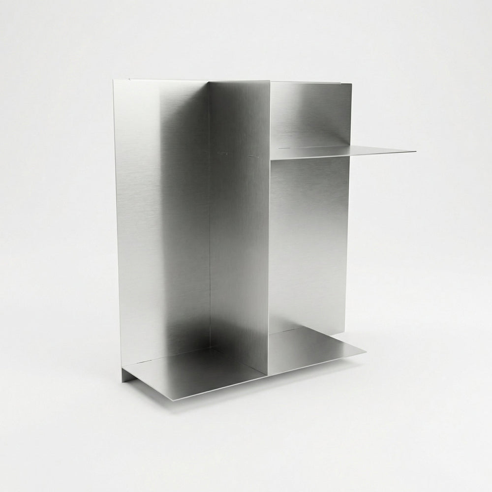 High-angle view of the custom architectural panel shelf by Fig & Forge, showing the precision-folded premium-grade stainless steel and seamless floating installation