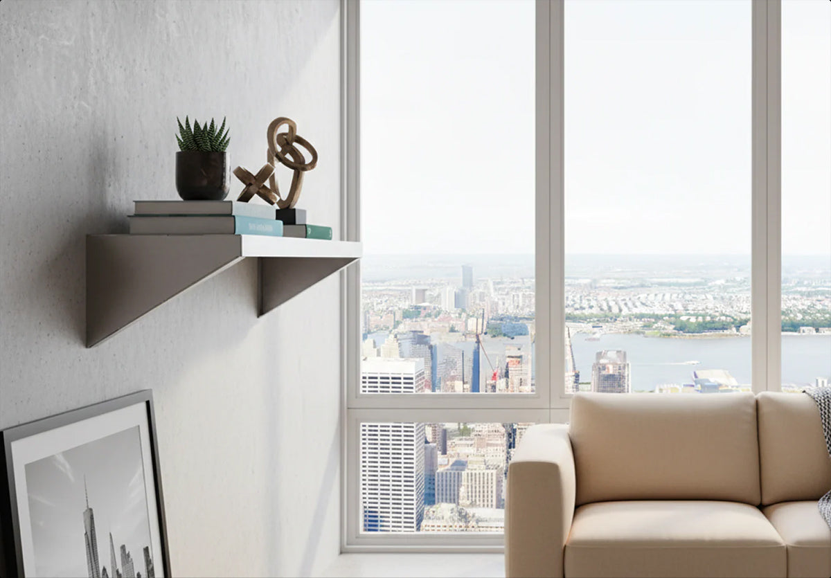 Precision-fit Vector shelf by Fig & Forge installed in a high-rise living room wall, showcasing the sleek industrial profile and architectural finish