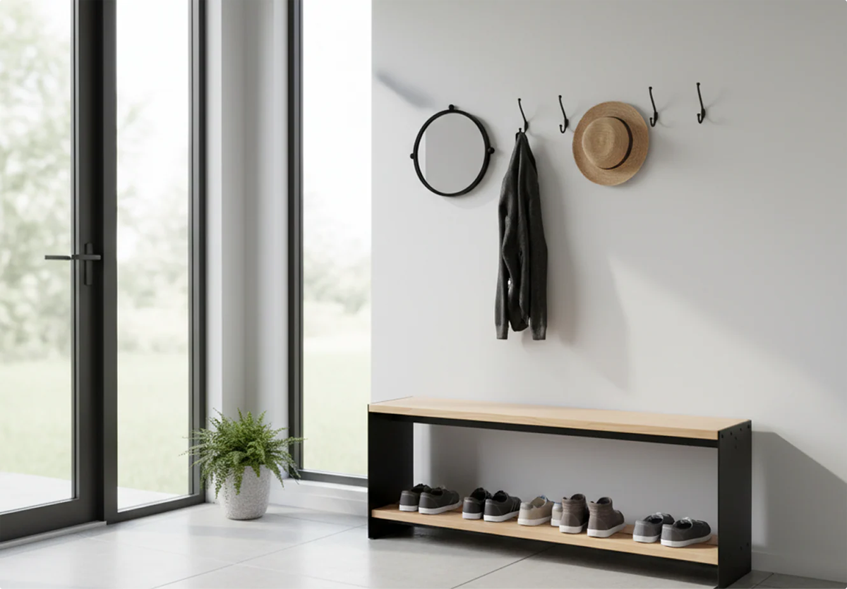 Modern minimalist entryway with glass doors featuring a Fig & Forge mudroom bench with shoes organized on the integrated lower shelf for a neat hallway
