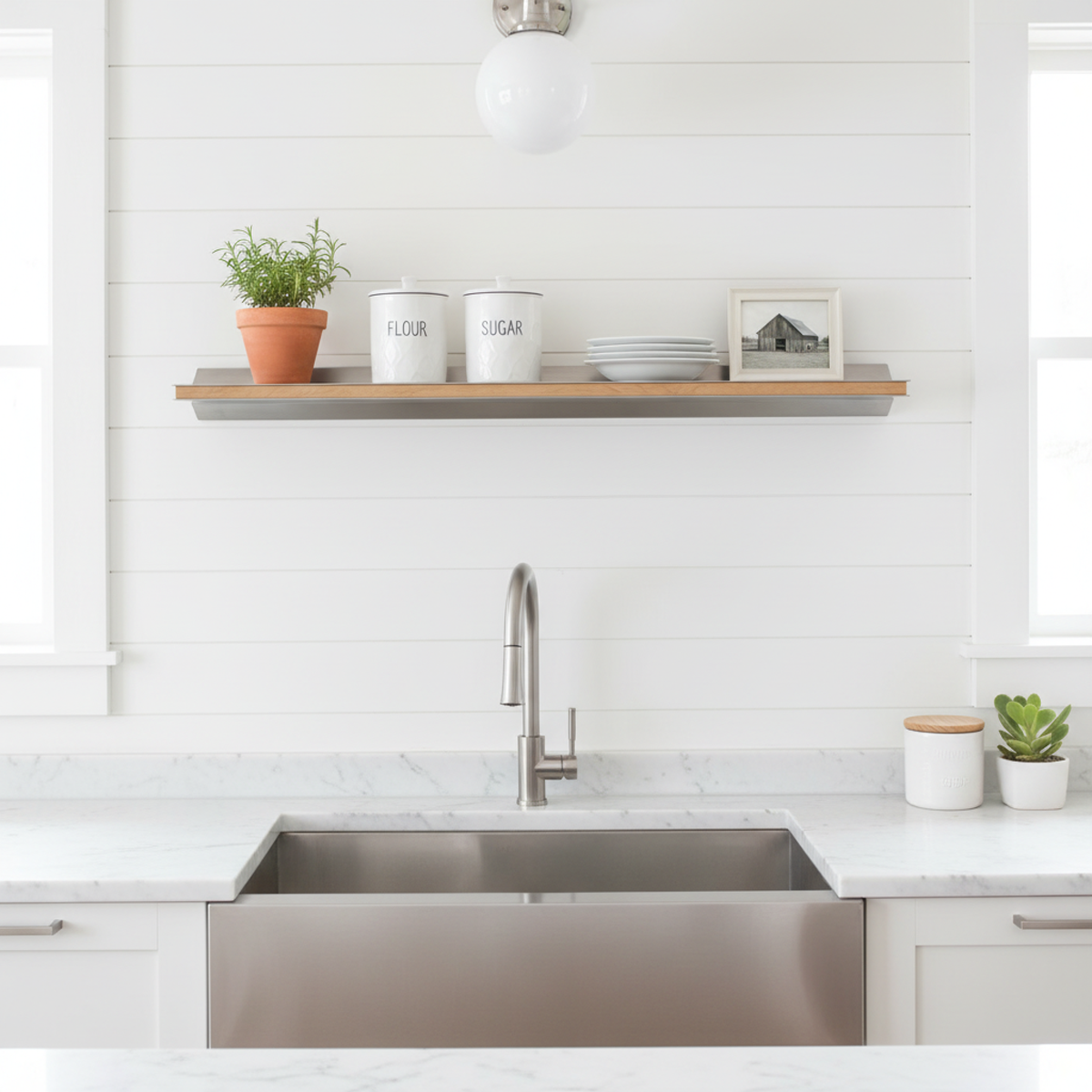 Custom wood-inlay floating shelf in stainless steel by Fig & Forge installed above a kitchen sink for a seamless modern farmhouse aesthetic