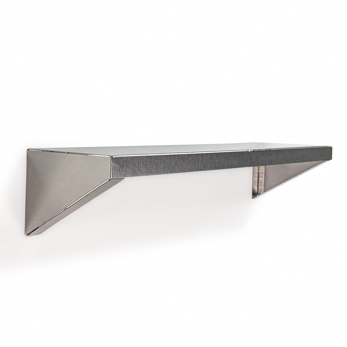 front side view of the bespoke Vector stainless steel wall shelf by Fig & Forge, demonstrating the heavy-duty angled gusset design for extra support