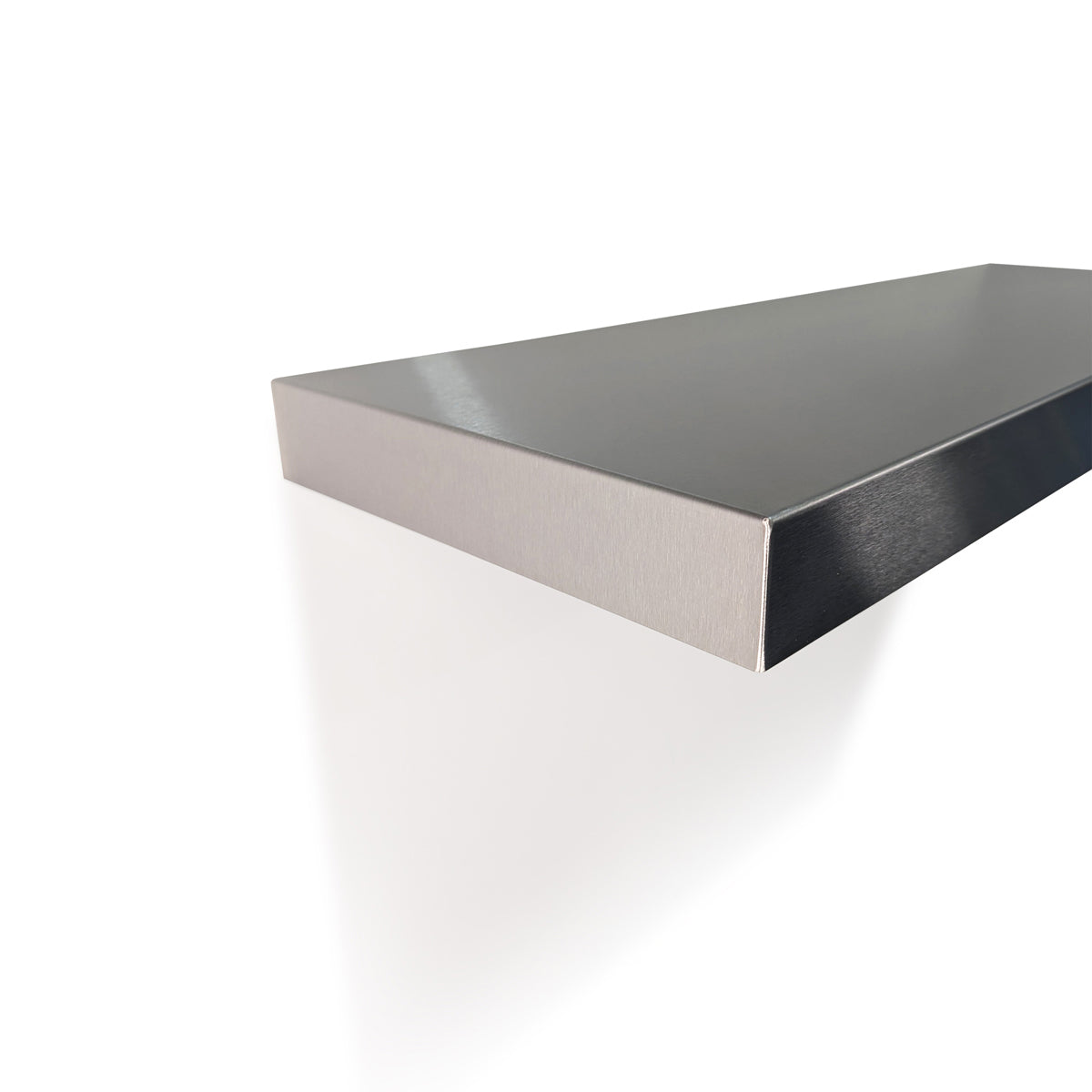 Detail view of a bespoke brushed metal floating shelf by Fig & Forge, highlighting the sleek minimalist profile and heavy-duty industrial construction