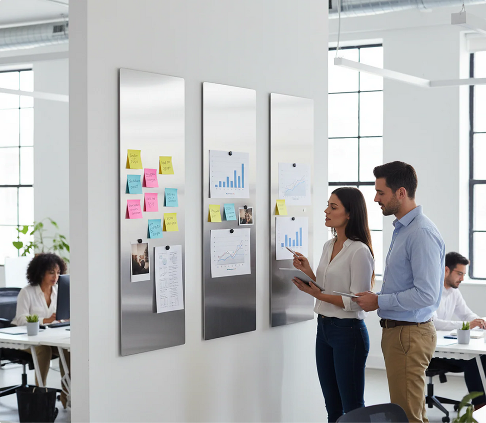 Three vertical floating magnetic stainless steel boards by Fig & Forge installed in a modern open-plan office for team collaboration and memo display