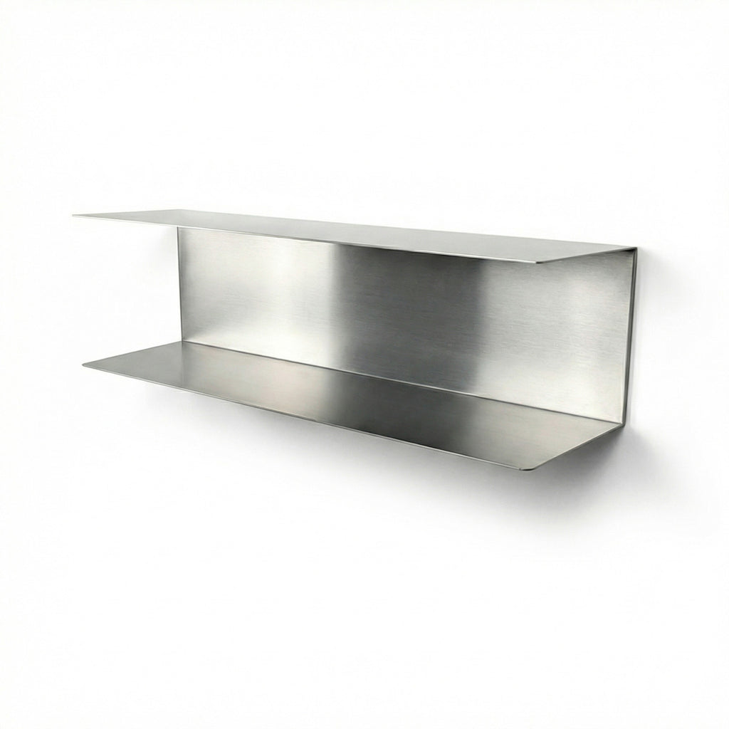 Angular view of a custom two-tier floating shelf by Fig & Forge, highlighting the seamless metal fabrication and heavy-duty architectural build