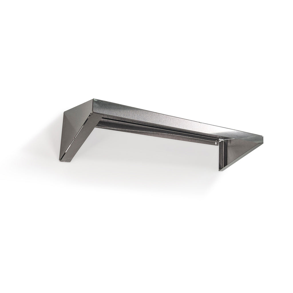 Underneath view of Vector stainless steel shelf by Fig & Forge, showcasing the solid triangular gussets designed for strength and durability