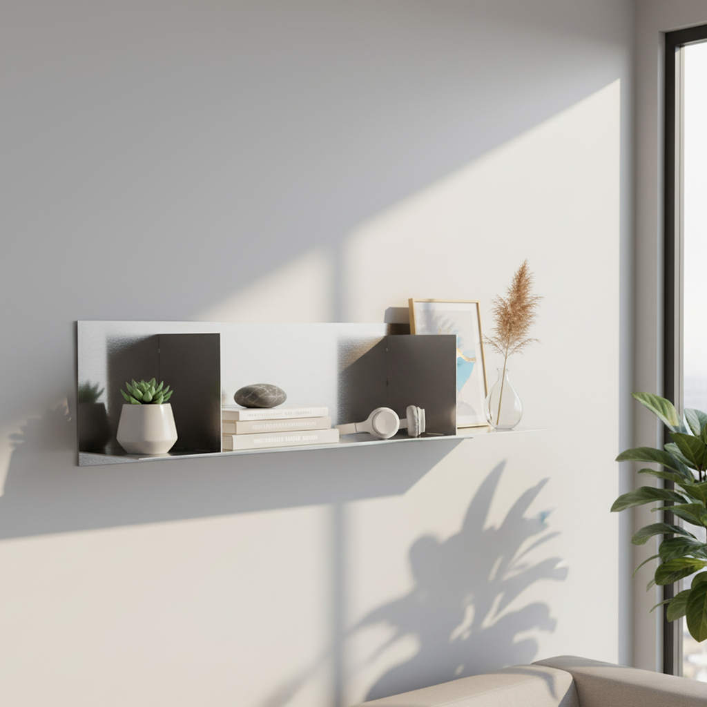 Custom-length stainless steel divider shelf by Fig & Forge mounted on a light grey wall, featuring organized sections for books, headphones, and modern decor