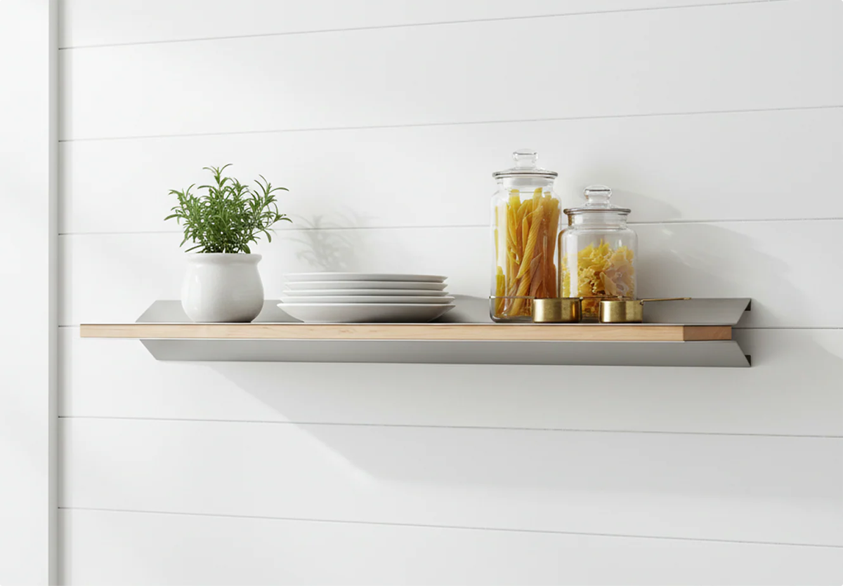 Custom Wood-Inlay Floating Shelf by Fig & Forge used as minimalist pantry organization and decor