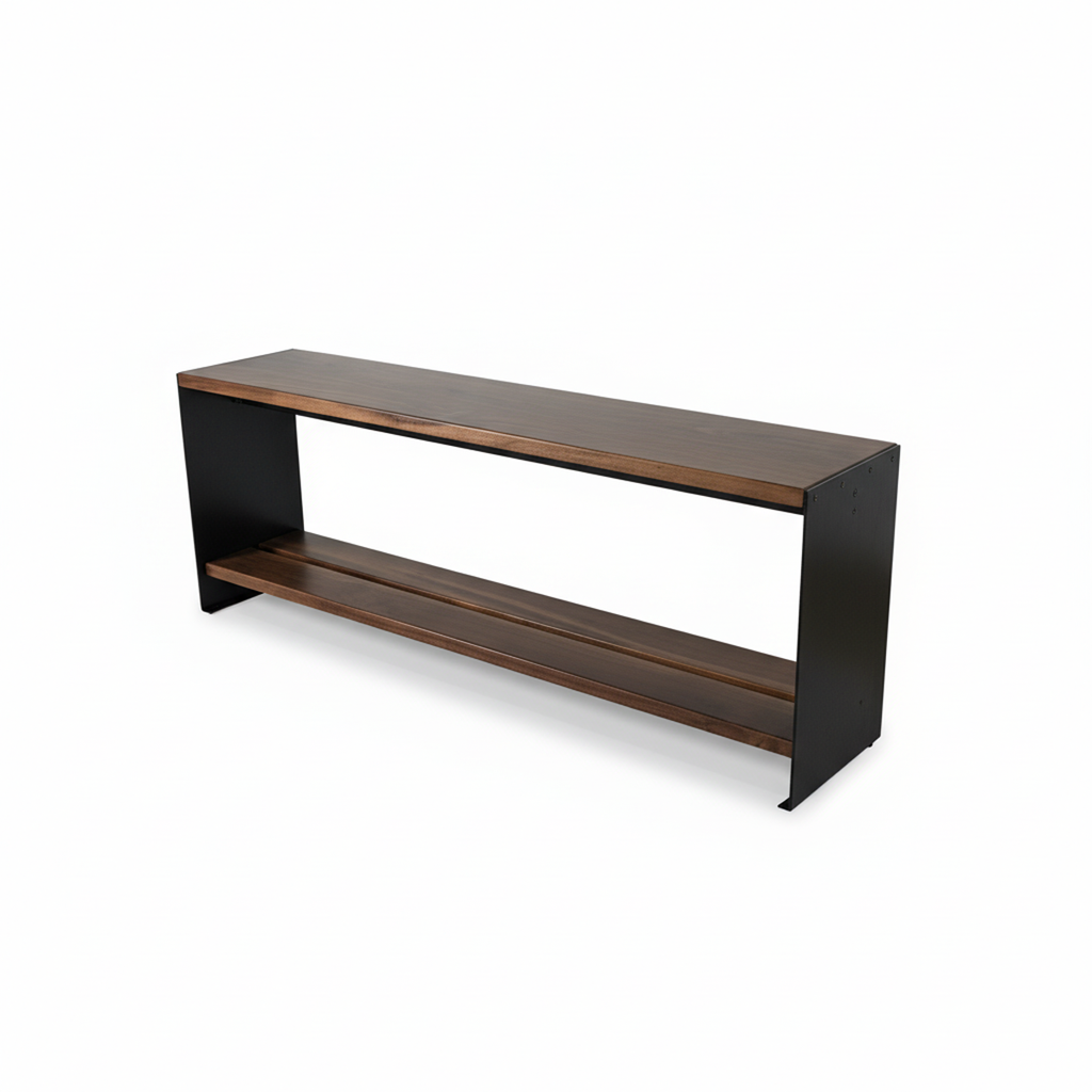 Wide perspective of a custom-length American Walnut mudroom bench by Fig & Forge, demonstrating the heavy-duty carbon steel construction and sleek minimalist profile
