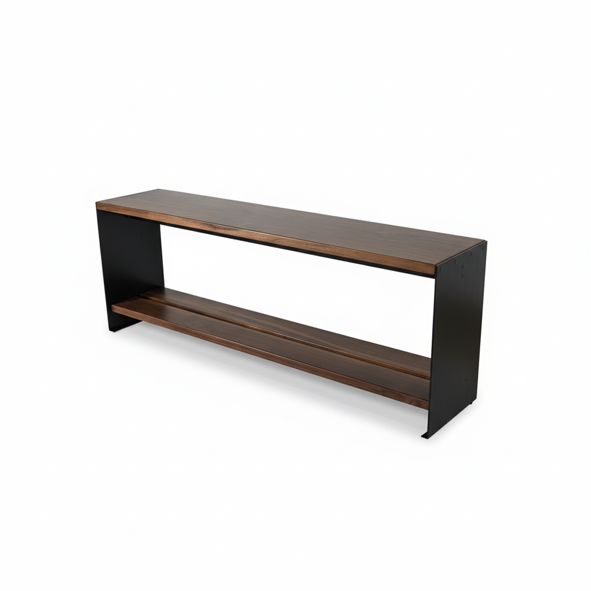 Wide perspective of a custom-length American Walnut mudroom bench by Fig & Forge, demonstrating the heavy-duty carbon steel construction and sleek minimalist profile