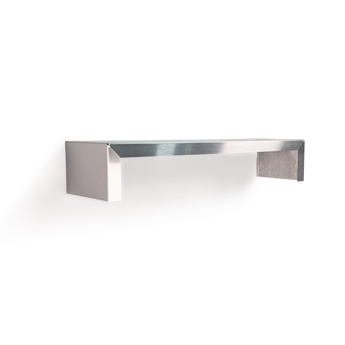 Custom-length SmartSpan stainless steel shelf by Fig & Forge featuring a sleek U-shaped profile and straight vertical supports for architectural wall storage