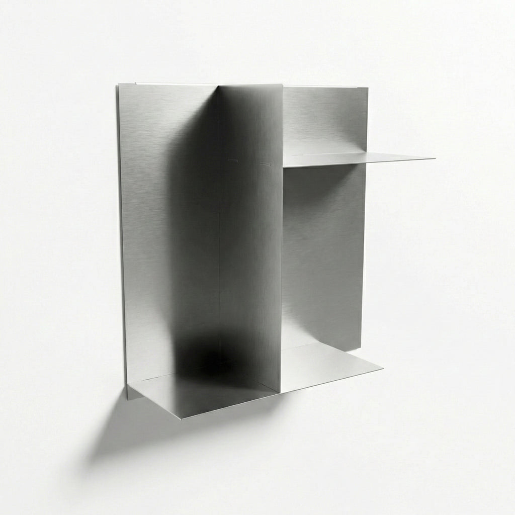 Studio profile of the poster-inspired panel shelf by Fig & Forge, demonstrating the low-profile construction and clean minimalist shadow lines
