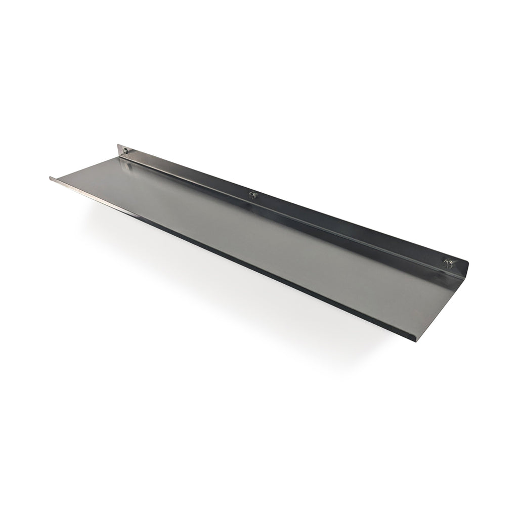 Top Front View of made-to-measure stainless steel shelf by Fig & Forge with Lip-on-Front highlights decorative caps