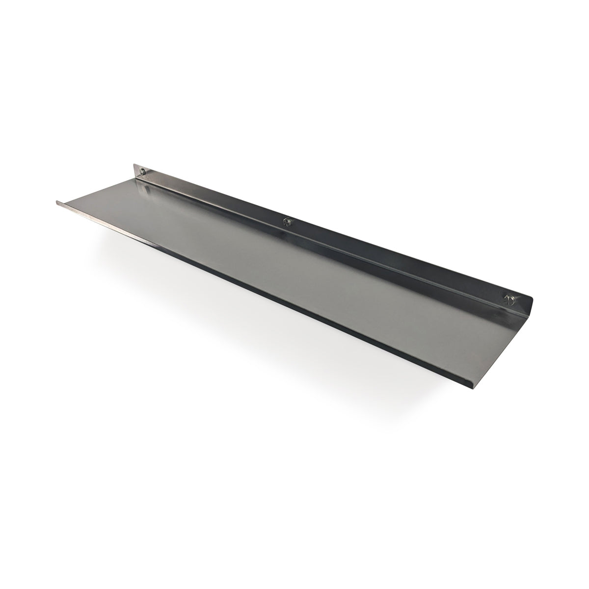 Top Front View of made-to-measure stainless steel shelf by Fig & Forge with Lip-on-Front highlights decorative caps
