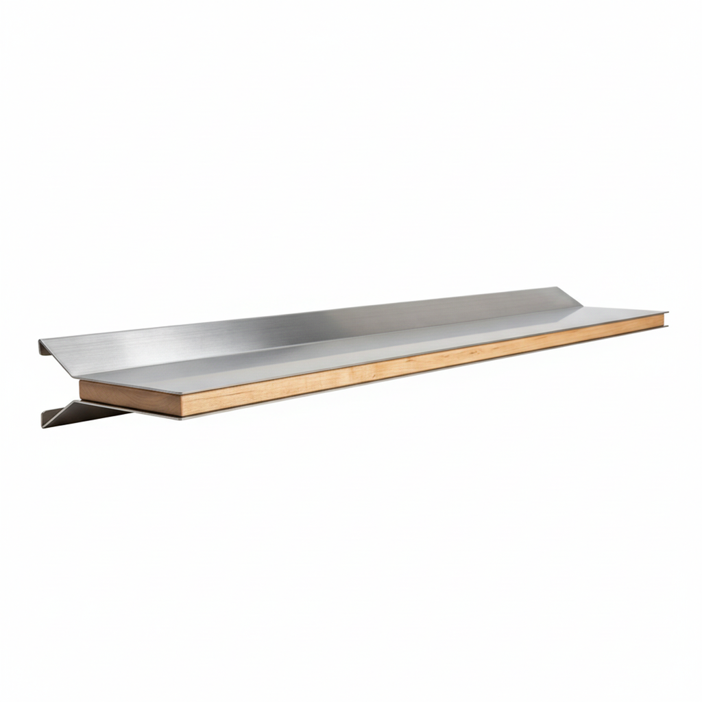 Precision-engineered custom metal floating shelf with integrated wood inlay by Fig & Forge, showing the durable hidden mounting bracket for a flush fit