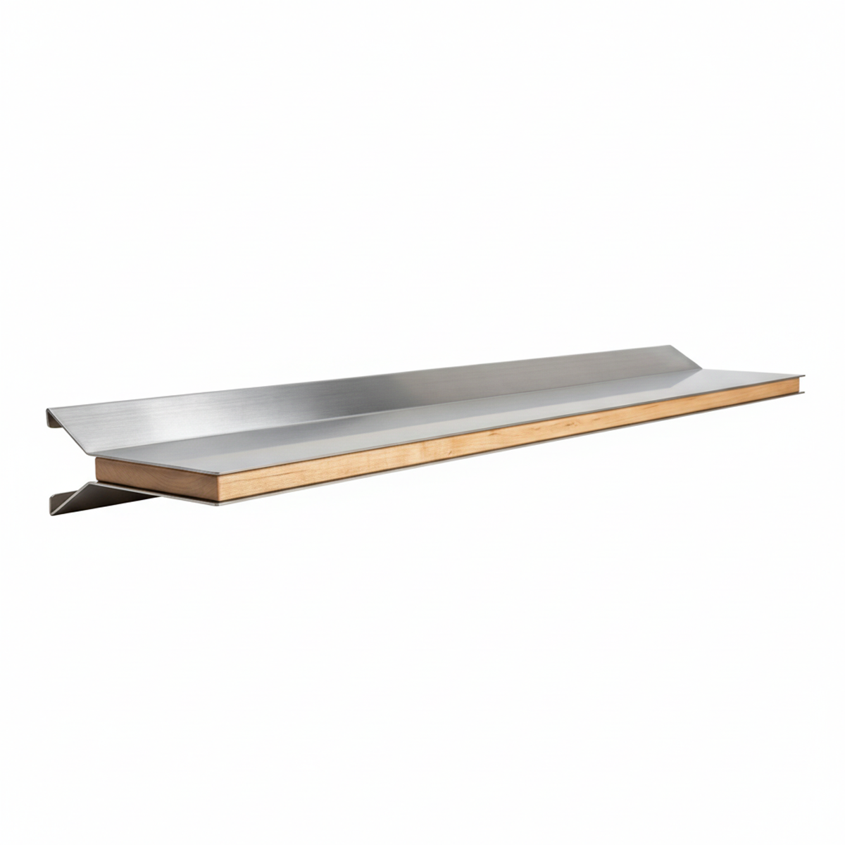 Precision-engineered custom metal floating shelf with integrated wood inlay by Fig & Forge, showing the durable hidden mounting bracket for a flush fit