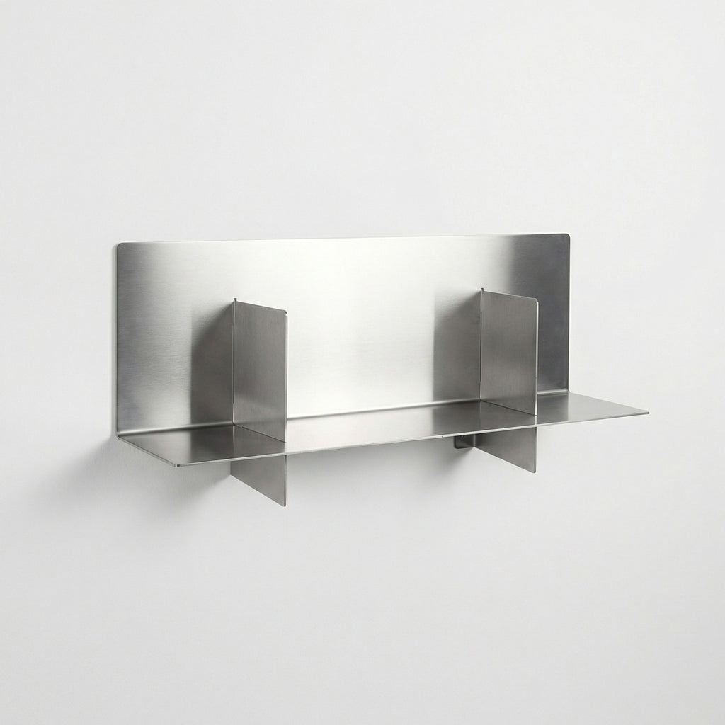 Perspective view of the custom Axis metal shelf by Fig & Forge, demonstrating the unique balanced geometry where vertical panels intersect the horizontal shelf