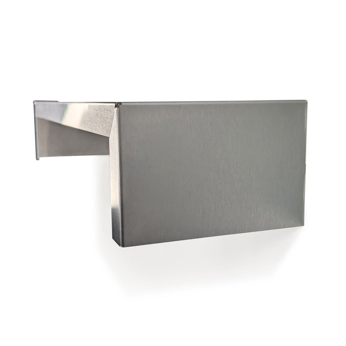 Close-up profile of a custom-depth SmartSpan stainless steel wall shelf by Fig & Forge, demonstrating the sleek industrial metal fabrication