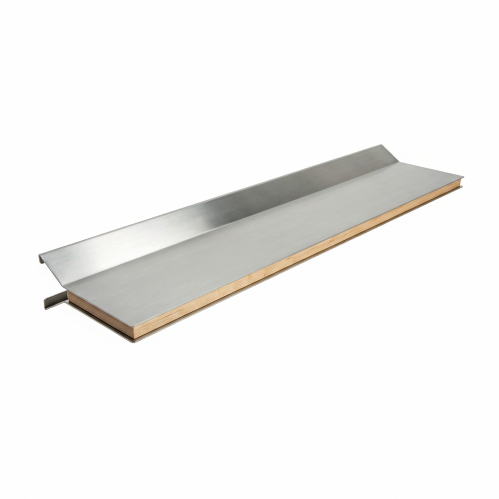 Bespoke stainless steel floating shelf featuring a precision-fit wood inlay by Fig & Forge, customizable to any length for architectural wall storage