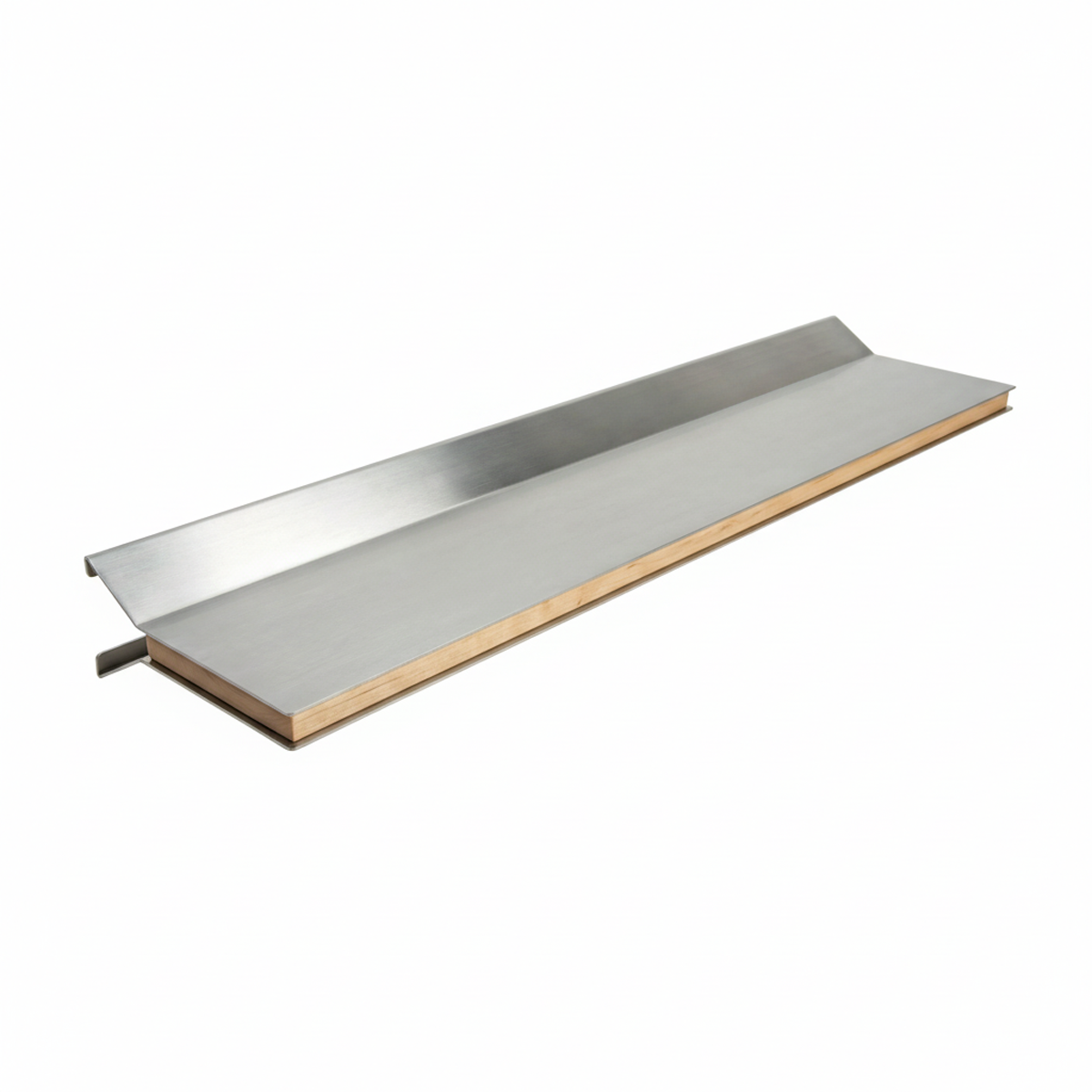 Bespoke stainless steel floating shelf featuring a precision-fit wood inlay by Fig & Forge, customizable to any length for architectural wall storage