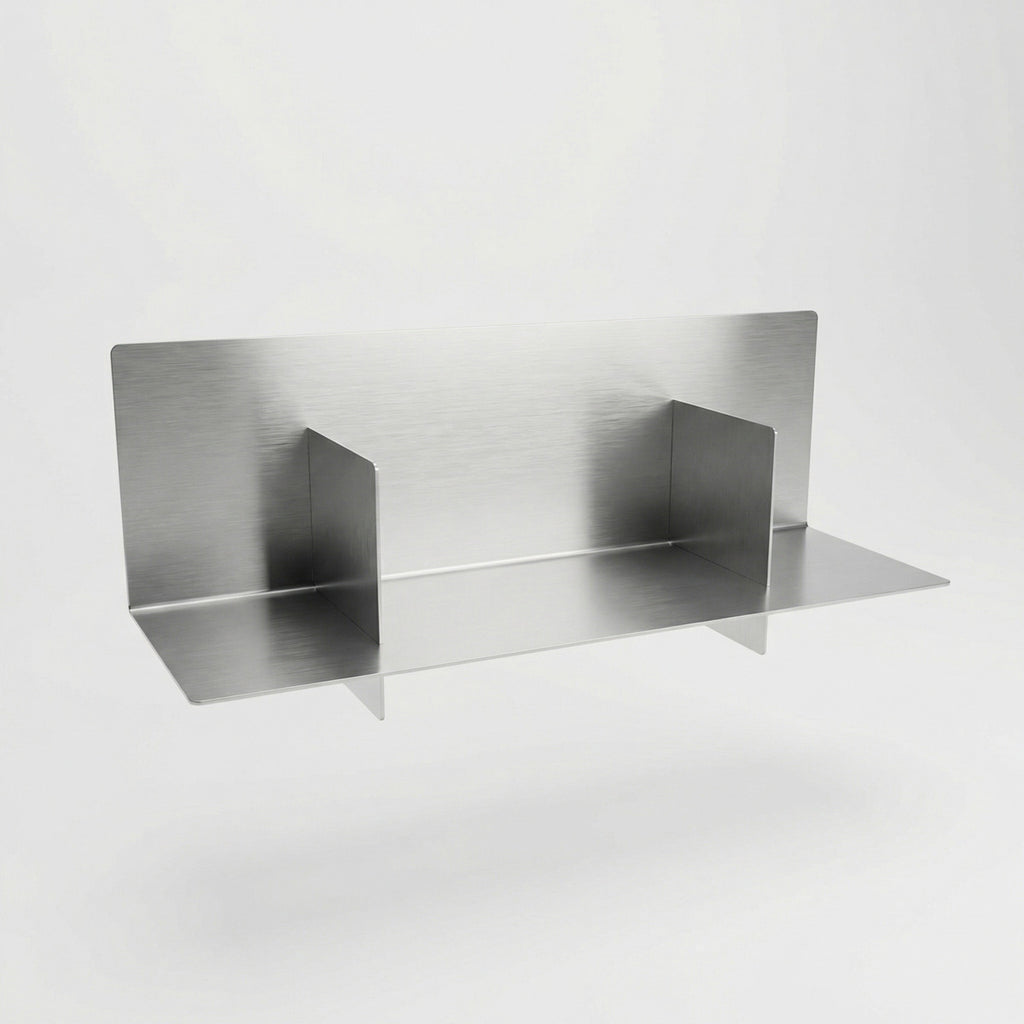 Bespoke Axis stainless steel floating shelf by Fig & Forge, highlighting the seamless structural joints and architectural-grade brushed metal construction