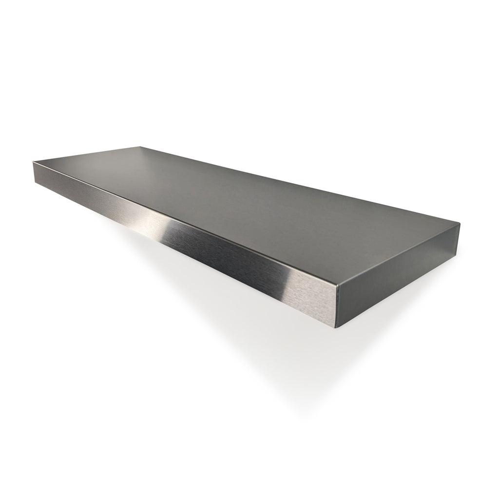 Bespoke heavy-duty metal floating shelf by Fig & Forge, demonstrating the precision-design corners and durable industrial-grade stainless steel construction
