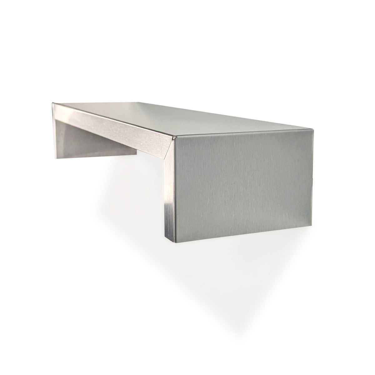 Side-angle view of a bespoke SmartSpan stainless steel shelf by Fig & Forge, highlighting the precision-engineered vertical supports and flush wall fit