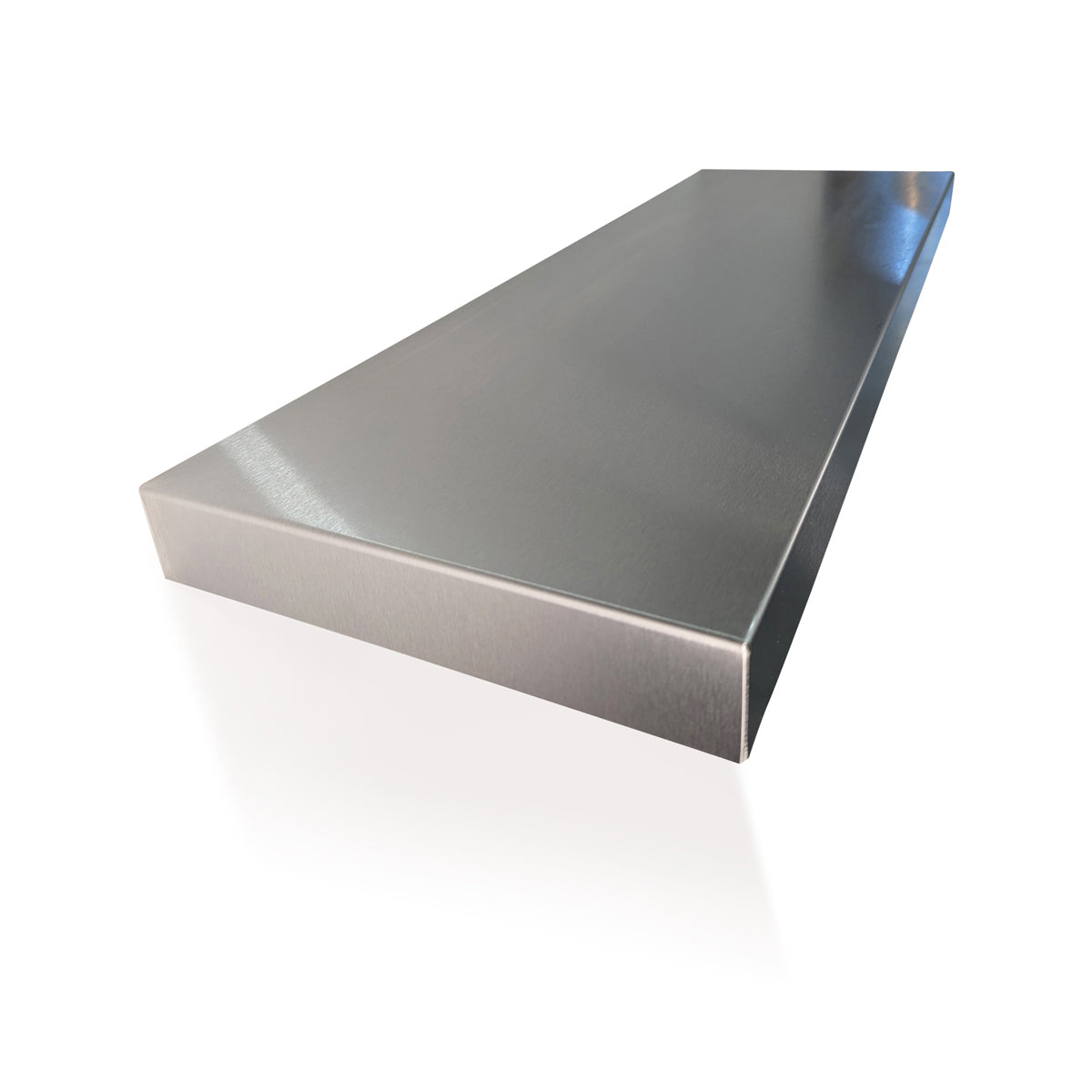 Top-angle studio shot of a made-to-measure floating stainless steel shelf by Fig & Forge, highlighting the clean minimalist edges and high-end reflective finish