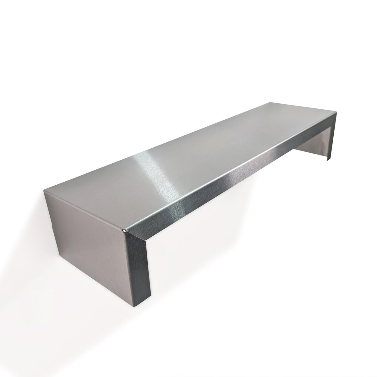 Top-down perspective of a custom SmartSpan U-shaped wall shelf by Fig & Forge, showing the durable brushed stainless steel surface and clean edges