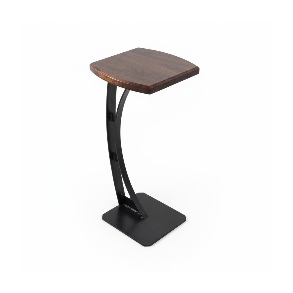 Precision-engineered custom C-table by Fig & Forge with an American Walnut surface, highlighting the blend of industrial strength and modern wood warmth