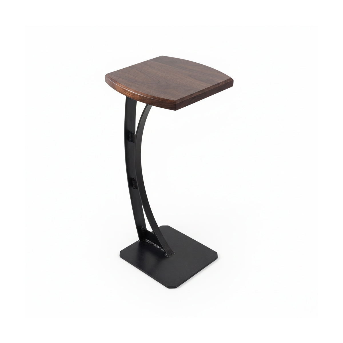 Precision-engineered custom C-table by Fig & Forge with an American Walnut surface, highlighting the blend of industrial strength and modern wood warmth