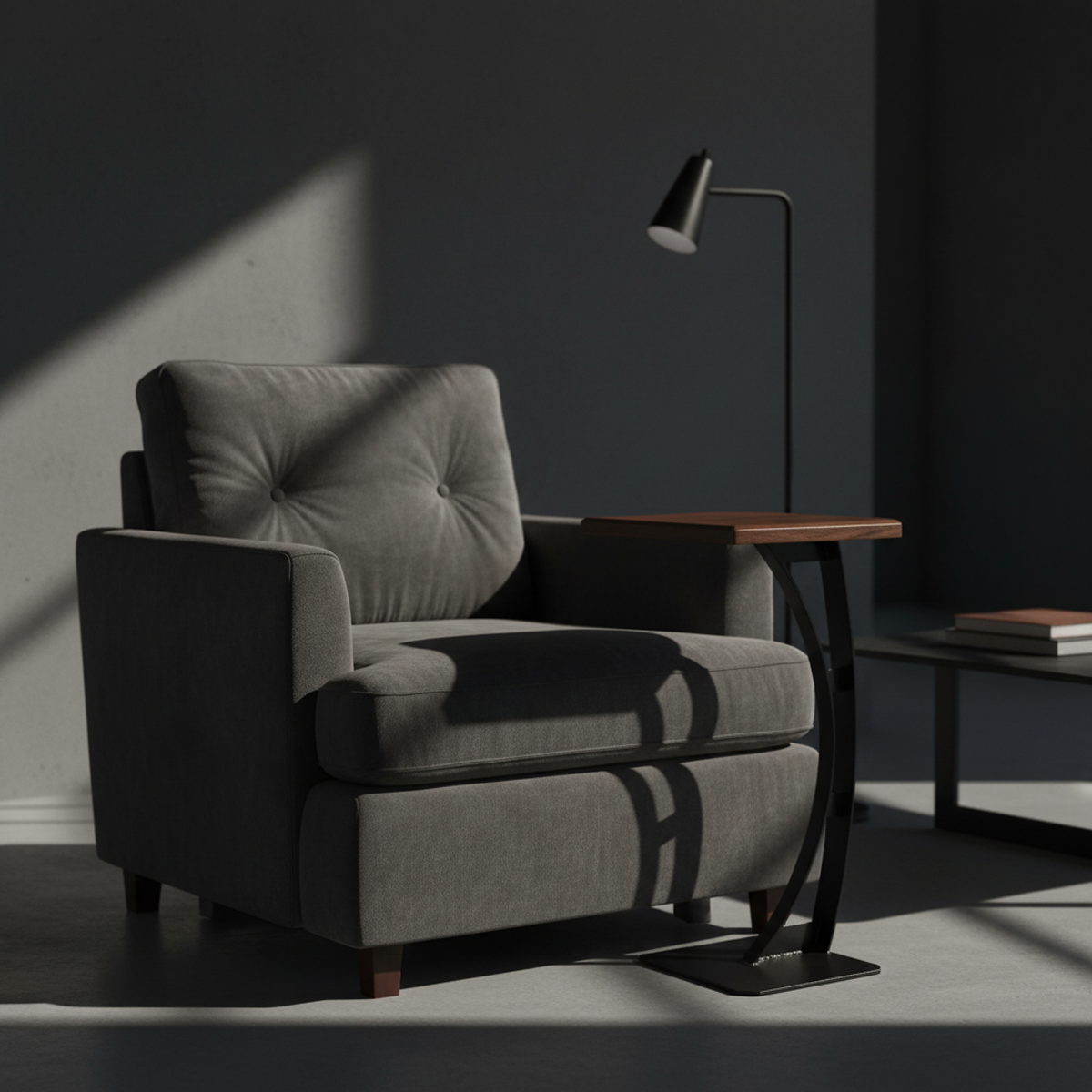 Bespoke cantilever table by Fig & Forge with a solid walnut top sliding in front of a dark grey modern sofa for proximity and minimalist living