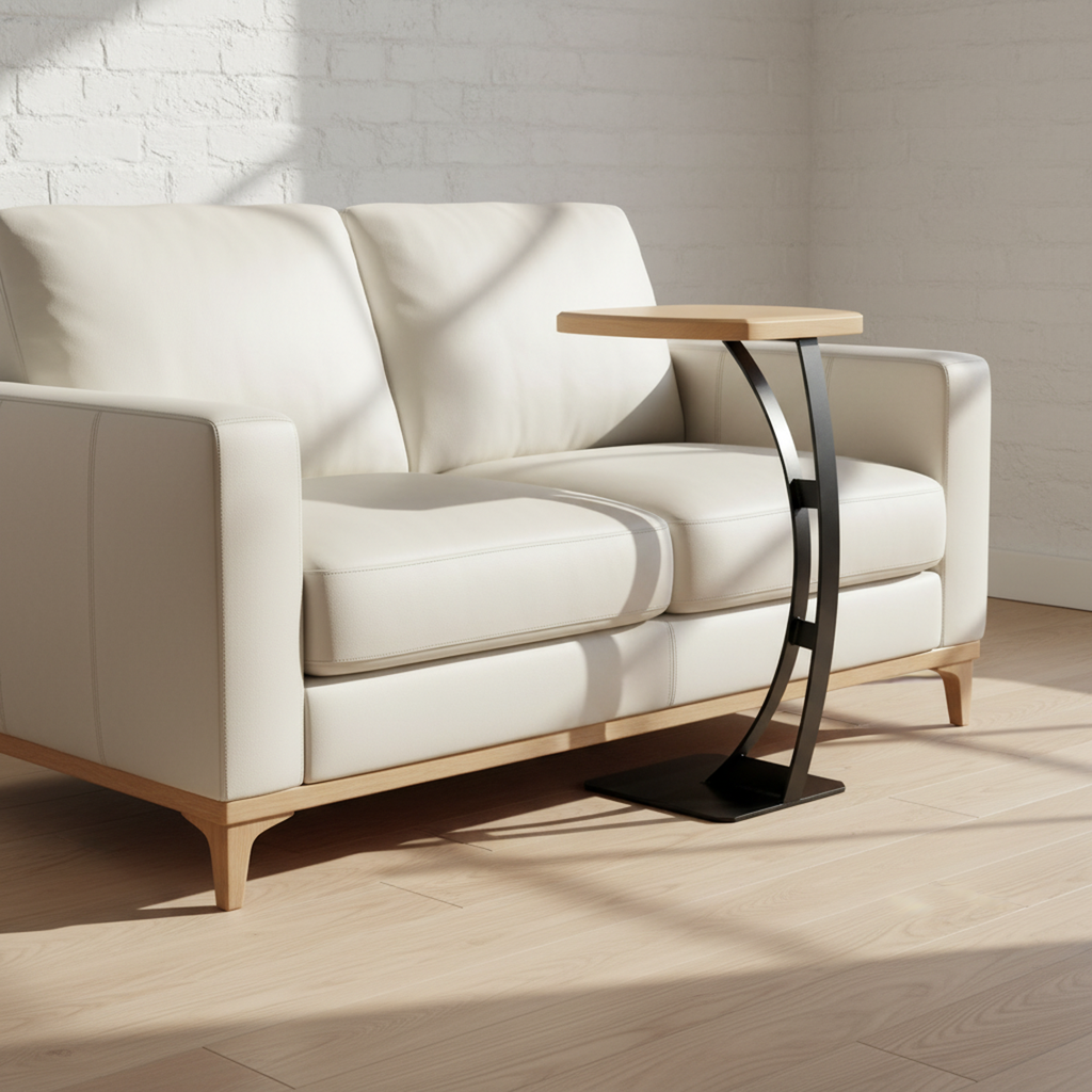 Custom made-to-measure C-shaped side table by Fig & Forge paired with a white sofa, demonstrating the slim, space-saving architectural design