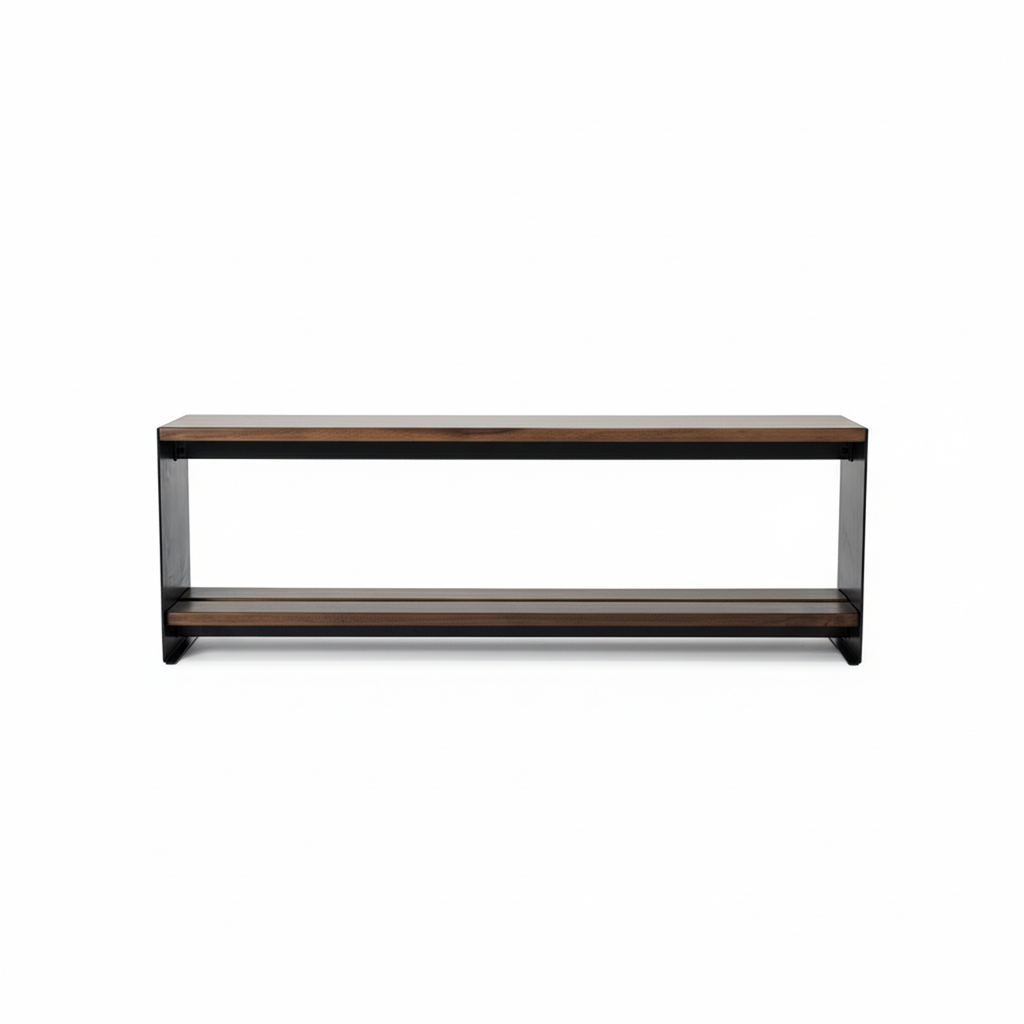 Frontal view precision-engineered custom walnut mudroom bench by Fig & Forge, highlighting the timeless durability of solid wood paired with industrial-grade carbon steel