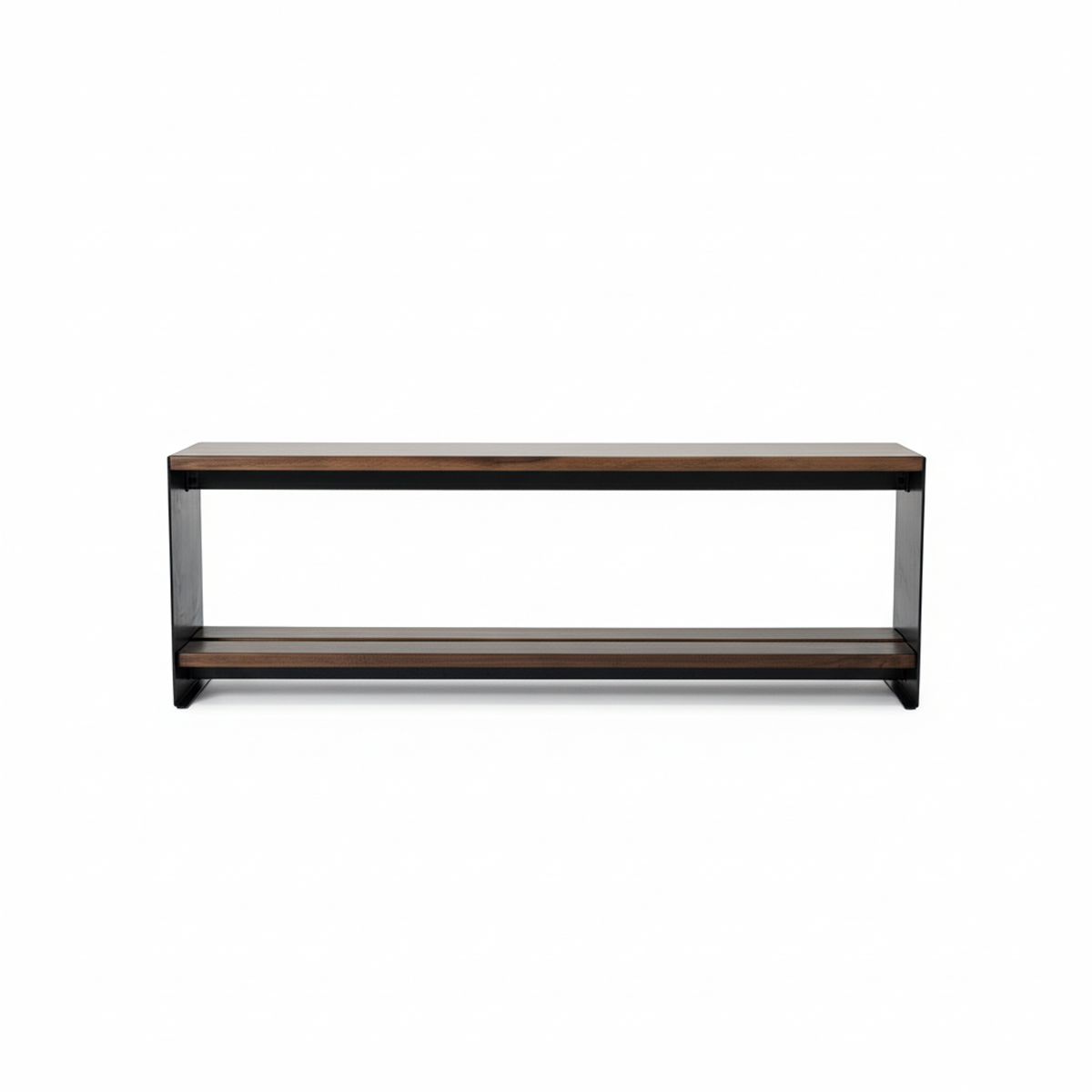 Frontal view precision-engineered custom walnut mudroom bench by Fig & Forge, highlighting the timeless durability of solid wood paired with industrial-grade carbon steel