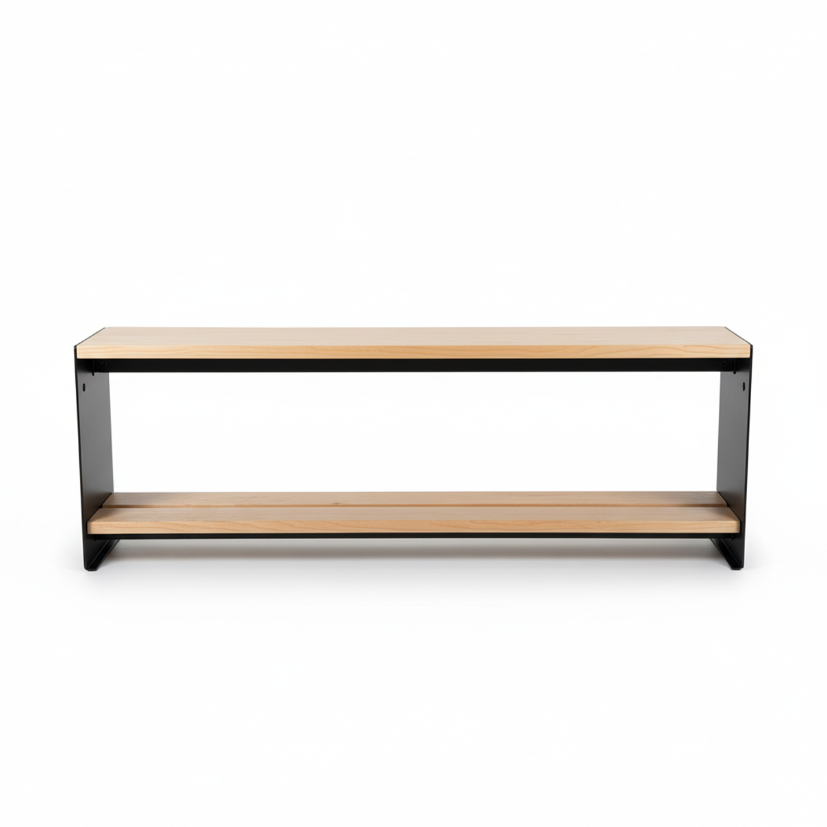 Frontal view of a made-to-measure Maple entryway bench by Fig & Forge, showing the symmetrical integrated shoe shelf and durable black steel frame