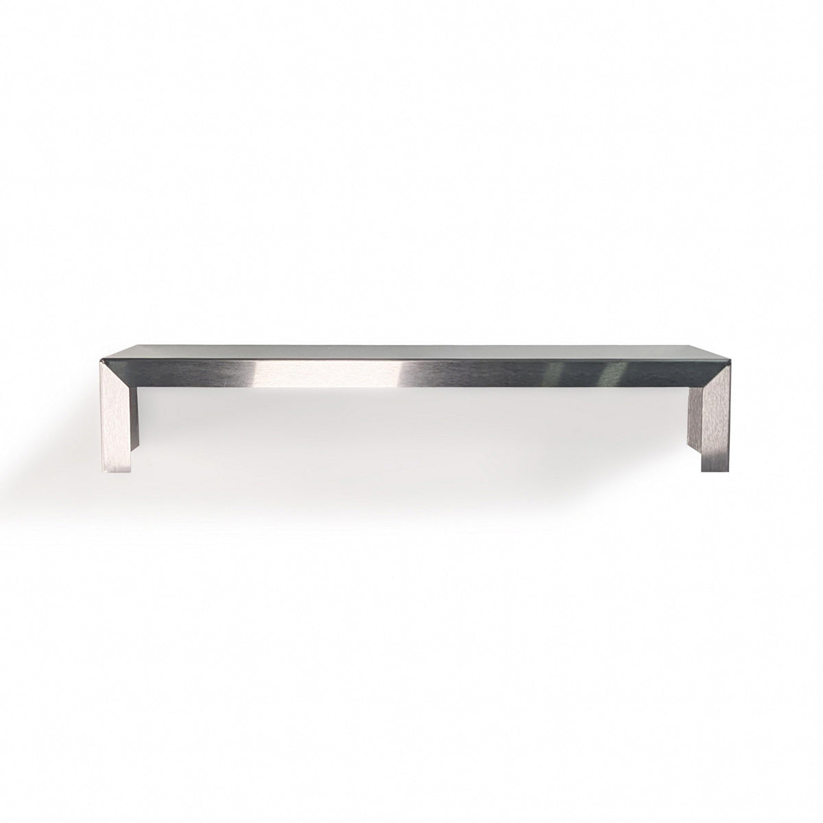 Front view of a SmartSpan custom stainless steel shelf by Fig & Forge, featuring a minimalist U-shaped design with straight vertical wall supports