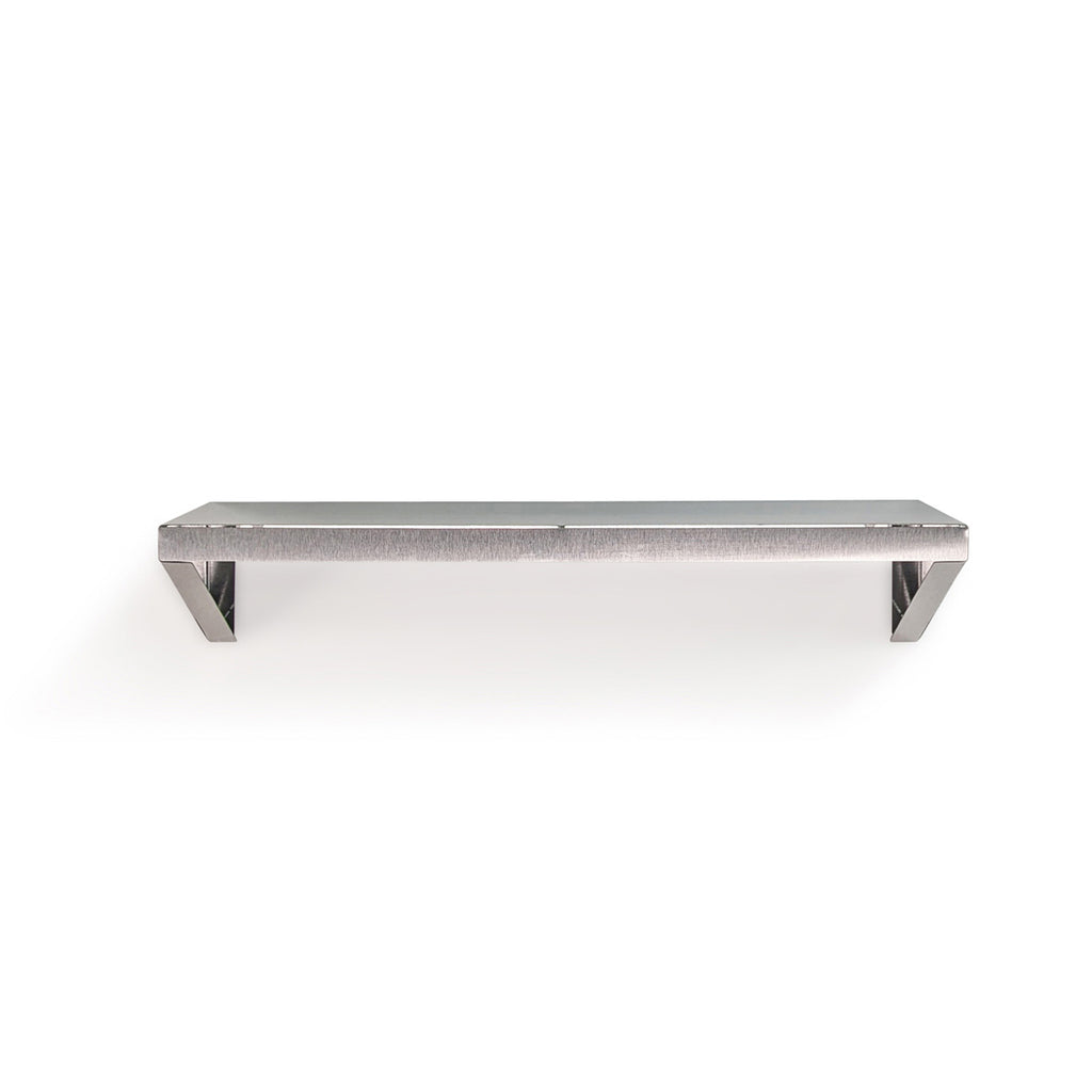 High-angle view of the bespoke Vector stainless steel shelf by Fig & Forge, showing the seamless top surface and integrated triangular support gussets