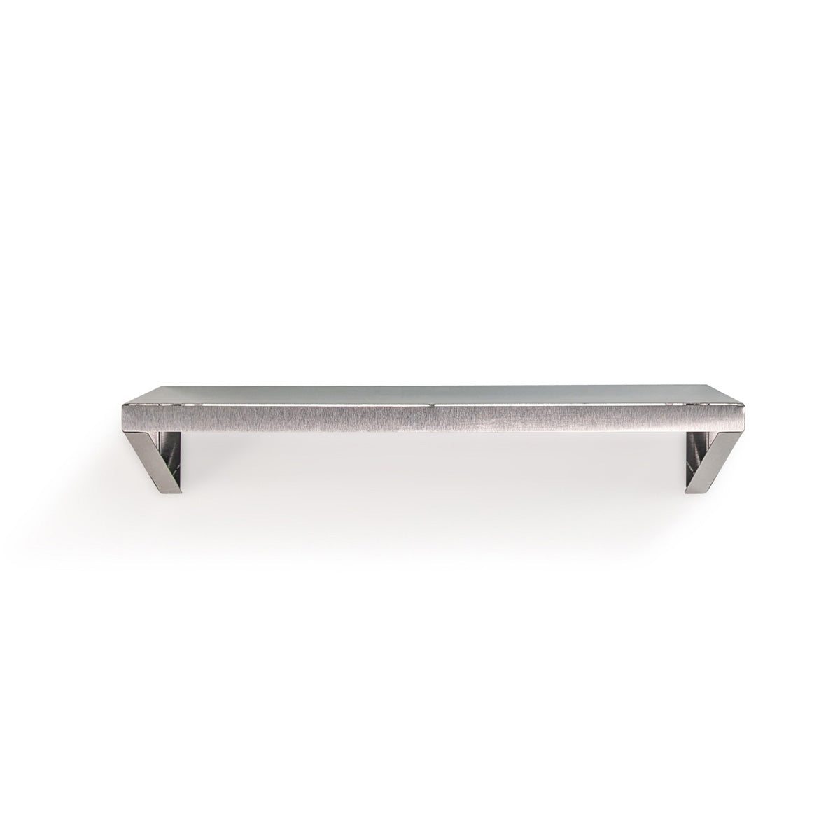 High-angle view of the bespoke Vector stainless steel shelf by Fig & Forge, showing the seamless top surface and integrated triangular support gussets