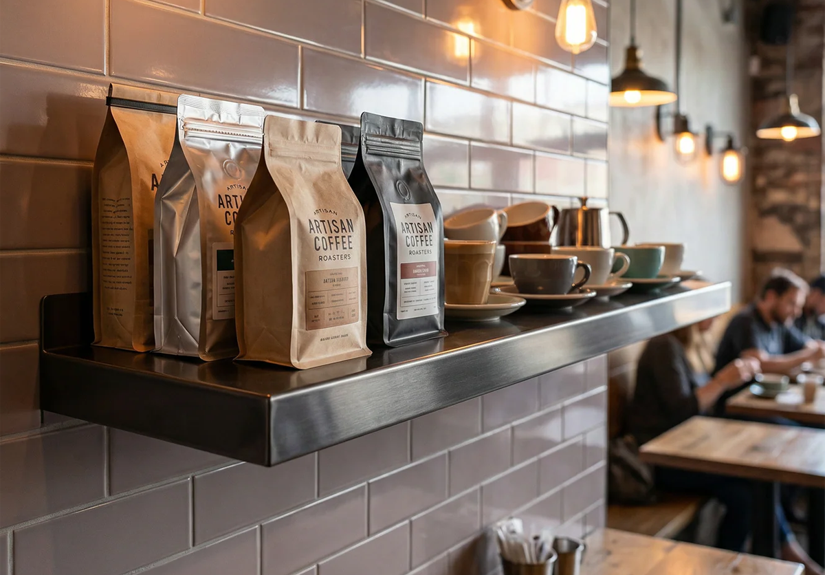 Heavy-duty stainless steel floating shelf by Fig & Forge installed in a professional coffee shop, providing industrial-strength storage for cafe supplies