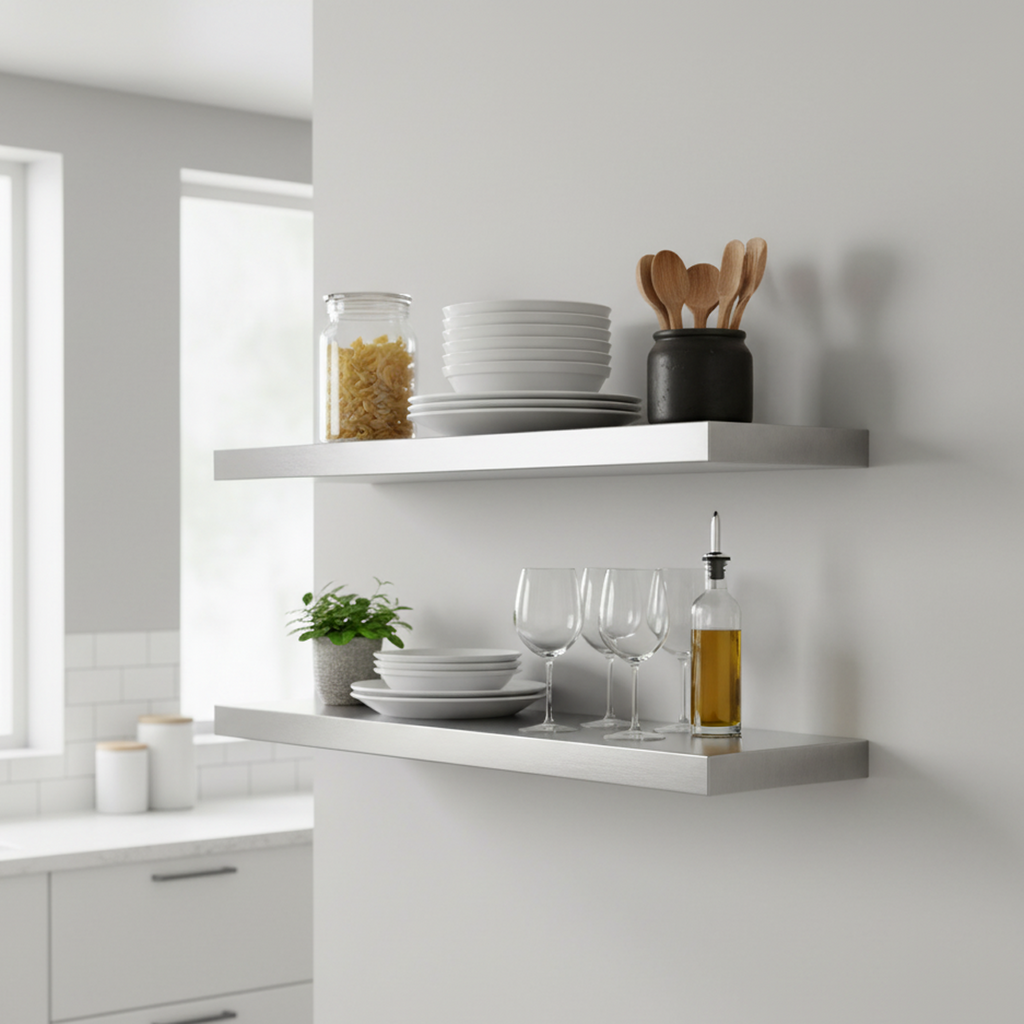 Set of two custom floating stainless steel kitchen shelves by Fig & Forge, styled with glassware and ceramics for a minimalist culinary organization